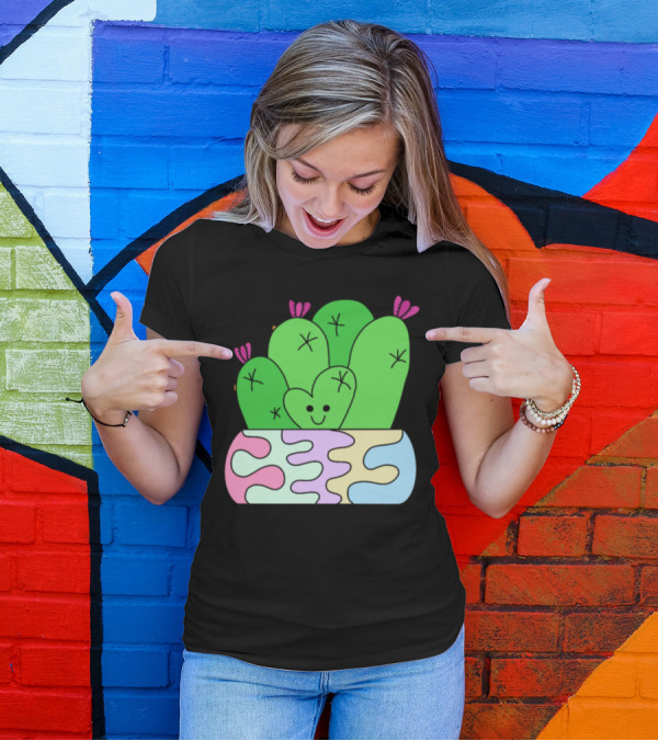 Smiling Heart Cactus In Colorful Planter T-Shirt