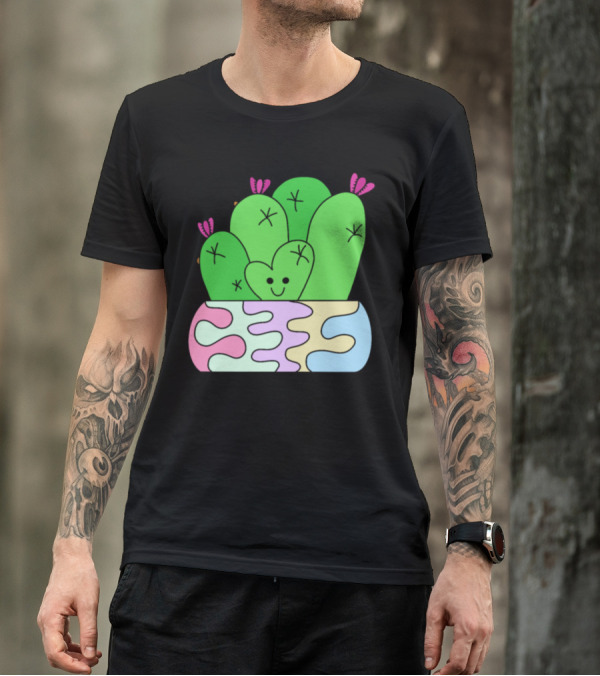 Smiling Heart Cactus In Colorful Planter T-Shirt