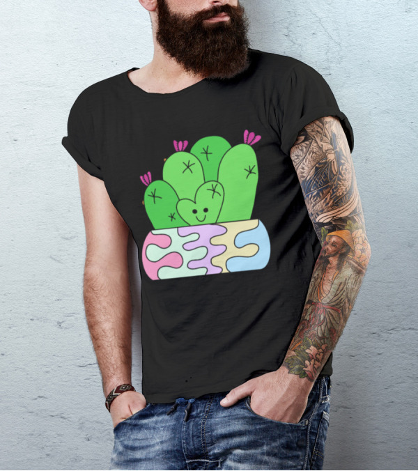 Smiling Heart Cactus In Colorful Planter T-Shirt