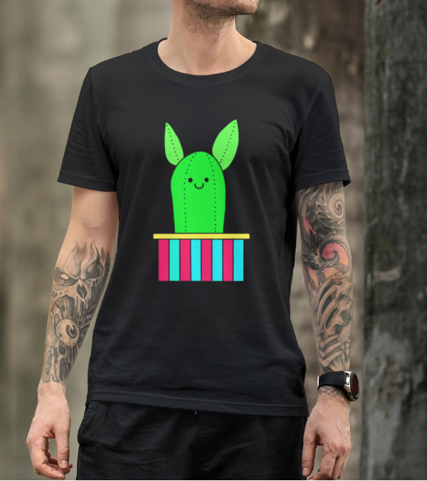 Smiling Cactus With Pointy Ears In Striped Pot T-Shirt