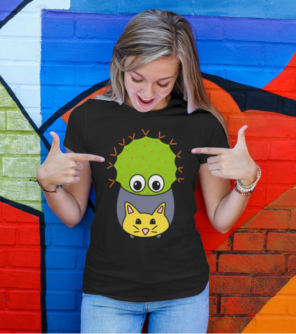 Spiky Cactus In Adorable Cat Planter With Big Eyes T-Shirt