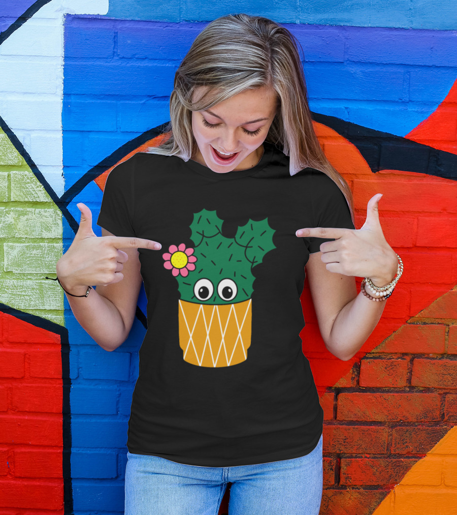 Spiky Cactus With Cute Flower Eyes In Patterned Pot T-Shirt