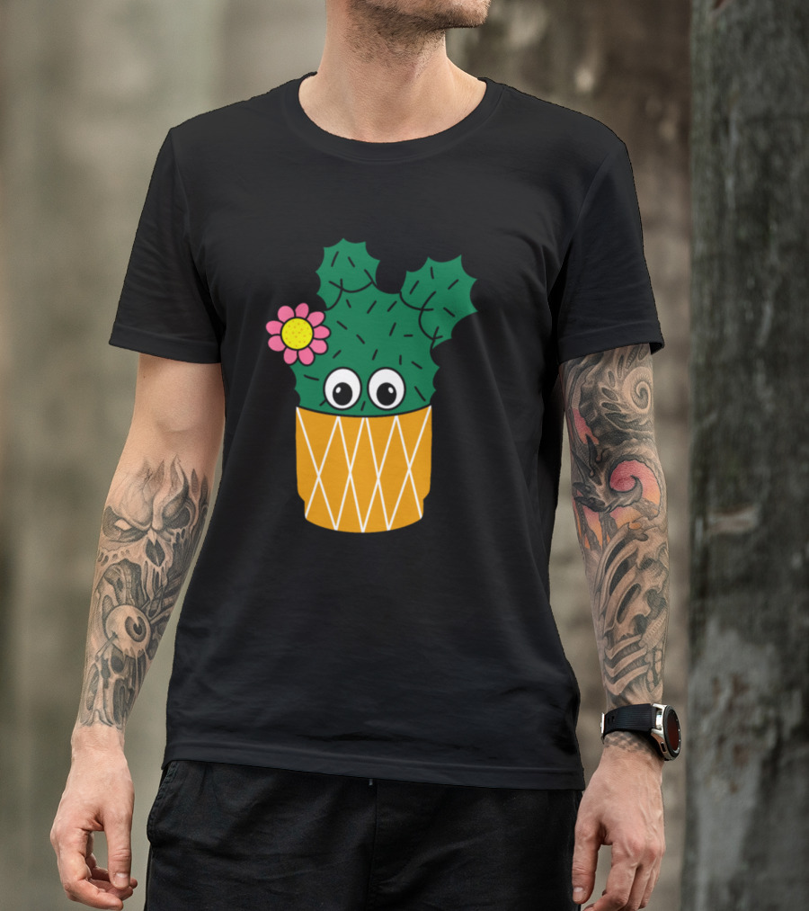 Spiky Cactus With Cute Flower Eyes In Patterned Pot T-Shirt