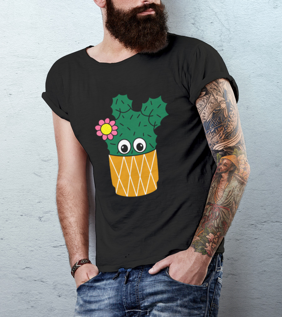 Spiky Cactus With Cute Flower Eyes In Patterned Pot T-Shirt
