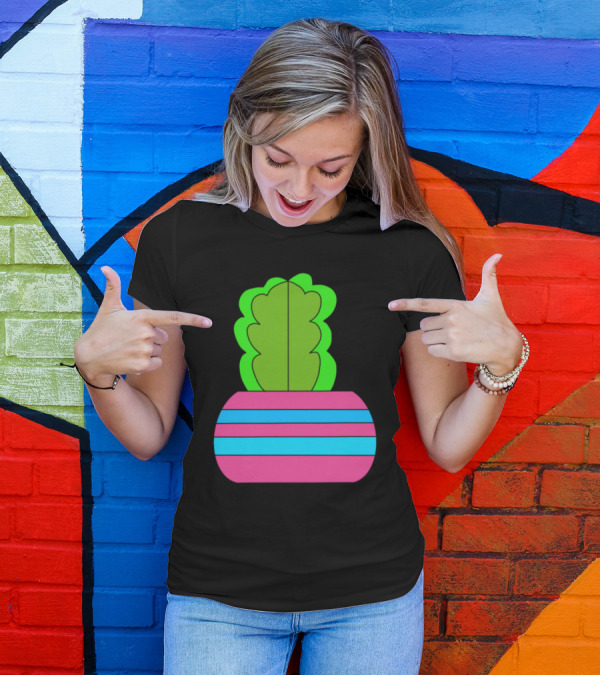 Split Personality Cactus With Pink And Blue Striped Pot T-Shirt