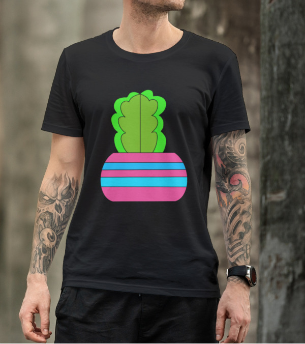 Split Personality Cactus With Pink And Blue Striped Pot T-Shirt