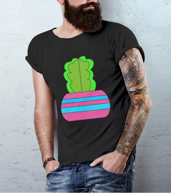 Split Personality Cactus With Pink And Blue Striped Pot T-Shirt