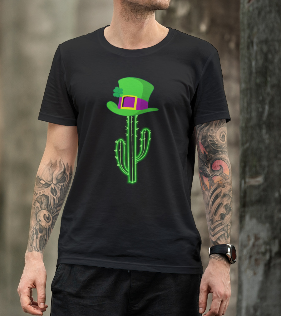 St Patrick's Day Neon Cactus With Leprechaun Hat T-Shirt