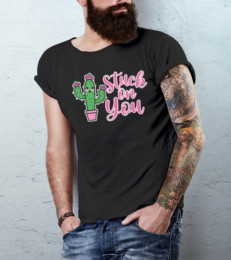 Stuck On You Cactus Valentine's Day Cute Cartoon Cactus With Pink Hearts T-Shirt