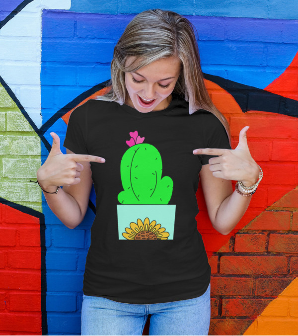 Sunflower Cactus Pot With Pink Hearts T-Shirt