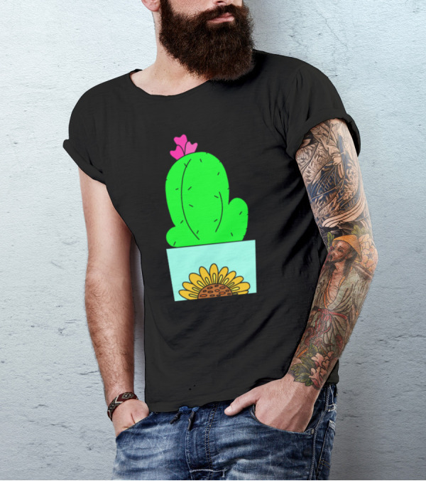 Sunflower Cactus Pot With Pink Hearts T-Shirt