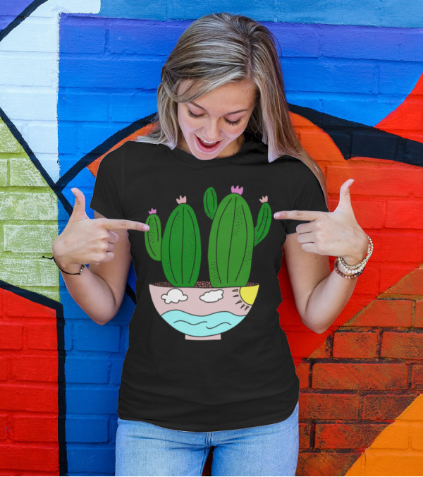 Sunny Ocean Cactus Bowl Clouds Sunset T-Shirt