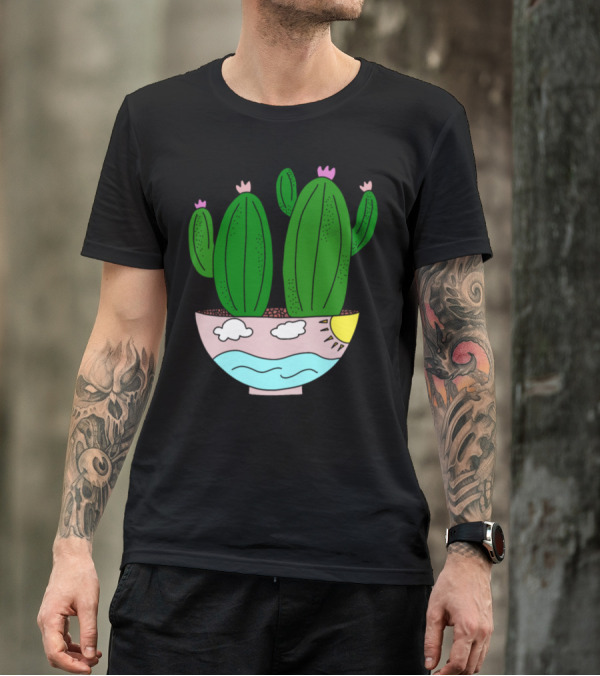 Sunny Ocean Cactus Bowl Clouds Sunset T-Shirt