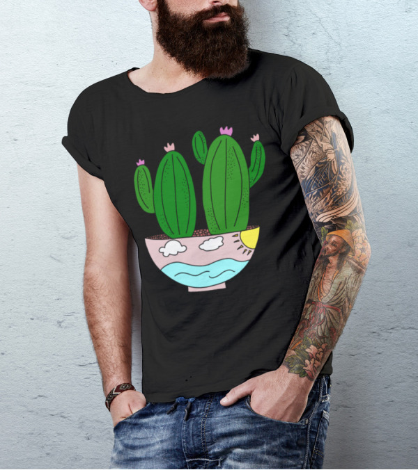 Sunny Ocean Cactus Bowl Clouds Sunset T-Shirt