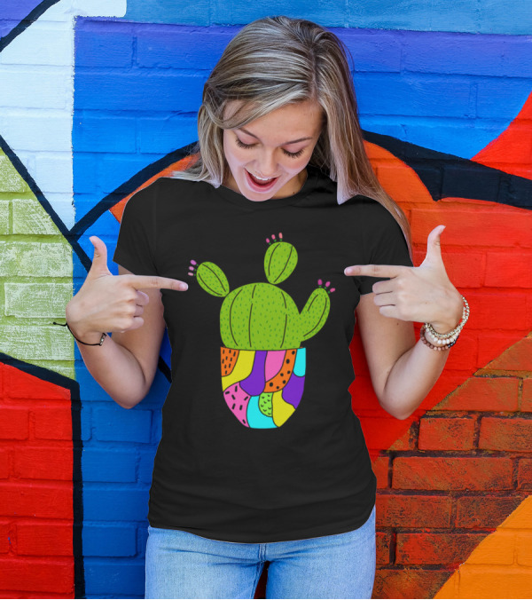 Super Colorful Cactus Pot With Vibrant Patterned Planter T-Shirt