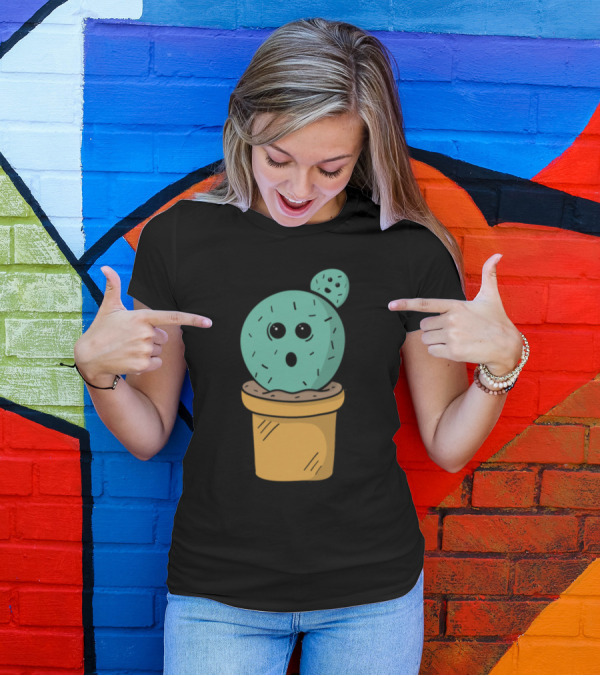 Surprised Cactus Face In Plant Pot With Mini Cactus Buddy T-Shirt
