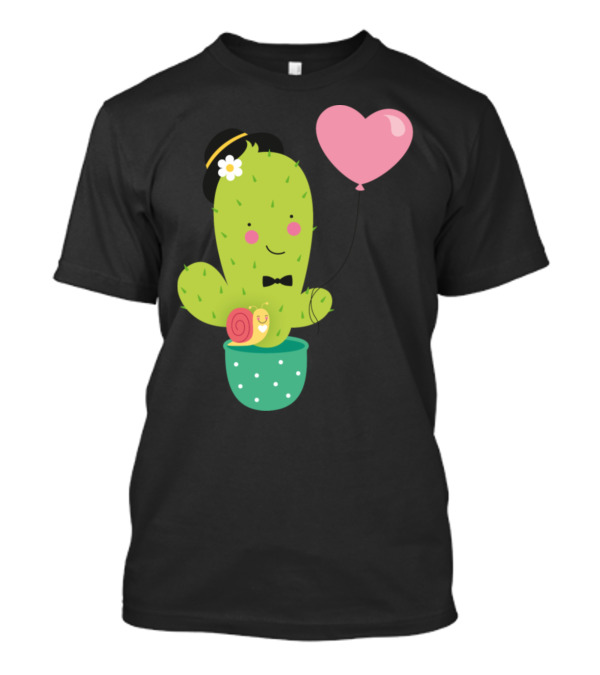Sweet Cactus In Love With Heart Balloon And Snail T-Shirt