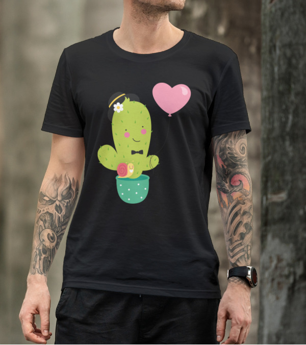 Sweet Cactus In Love With Heart Balloon And Snail T-Shirt