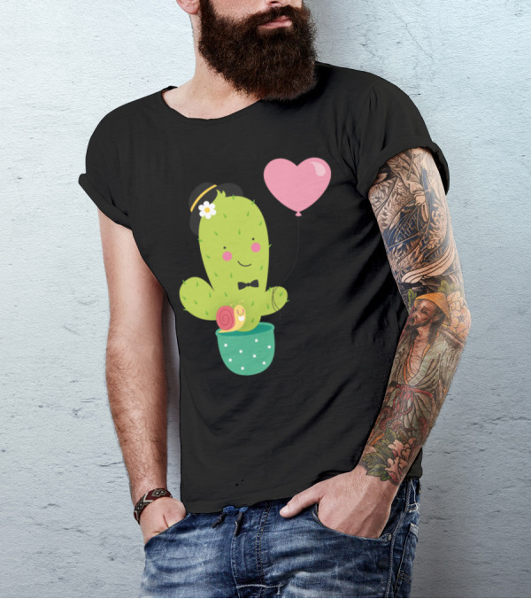 Sweet Cactus In Love With Heart Balloon And Snail T-Shirt