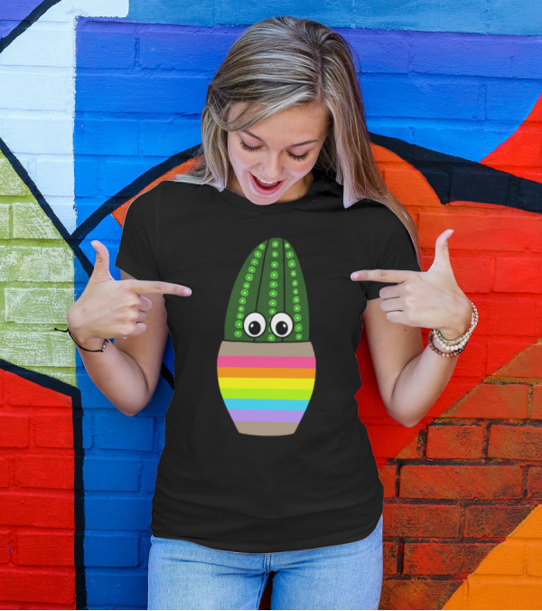 Tall Fuzzy Navel Cactus With Googly Eyes In Rainbow Jar T-Shirt