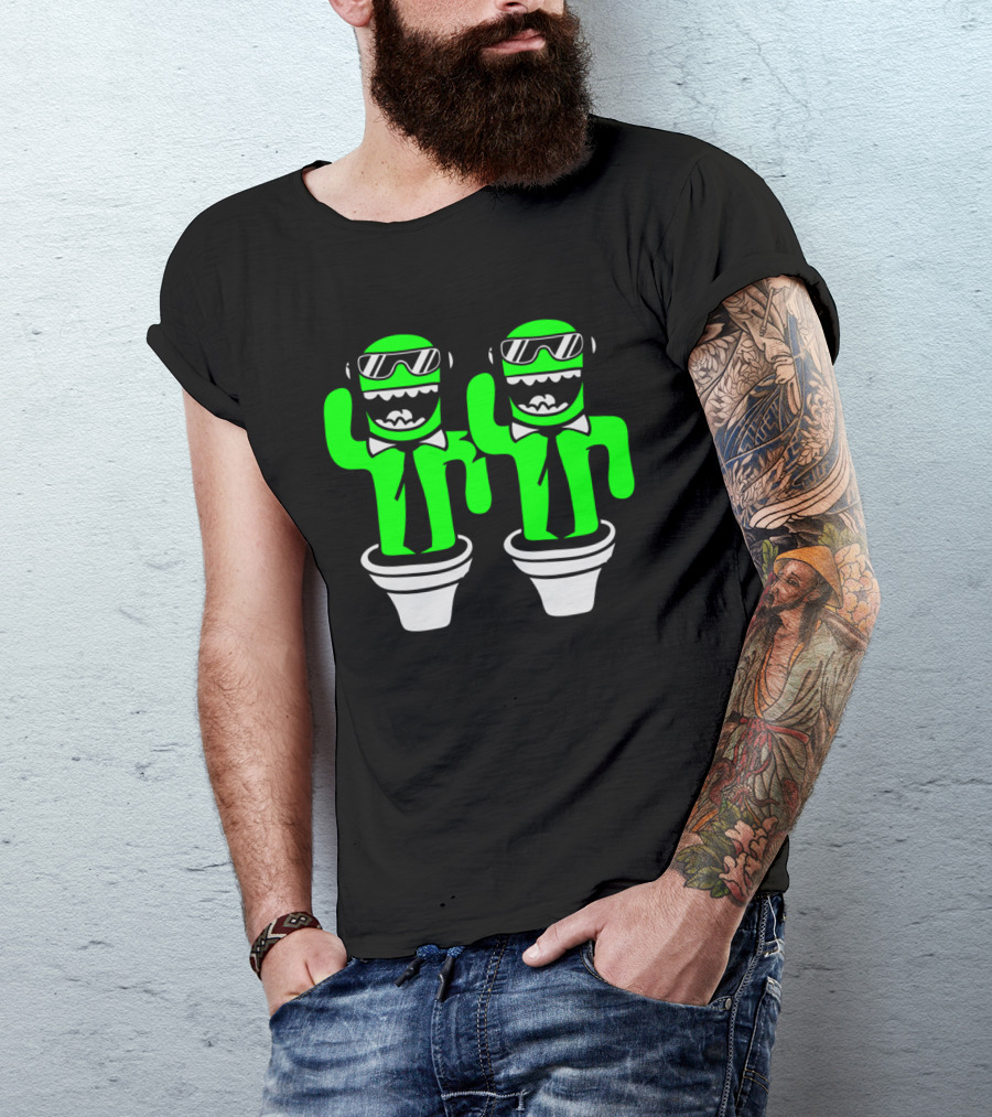 Team 2 Buddies Cool Sunglasses Suit Tie Music Headphones Cactus Characters T-Shirt