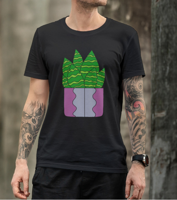 Tigerstripe Green Succulent Leaves In Purple Planter T-Shirt