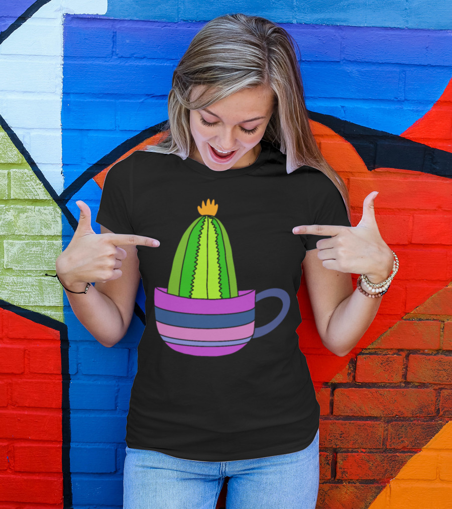 Striped Teacup With Tiny Cactus And Bright Yellow Flower Top T-Shirt