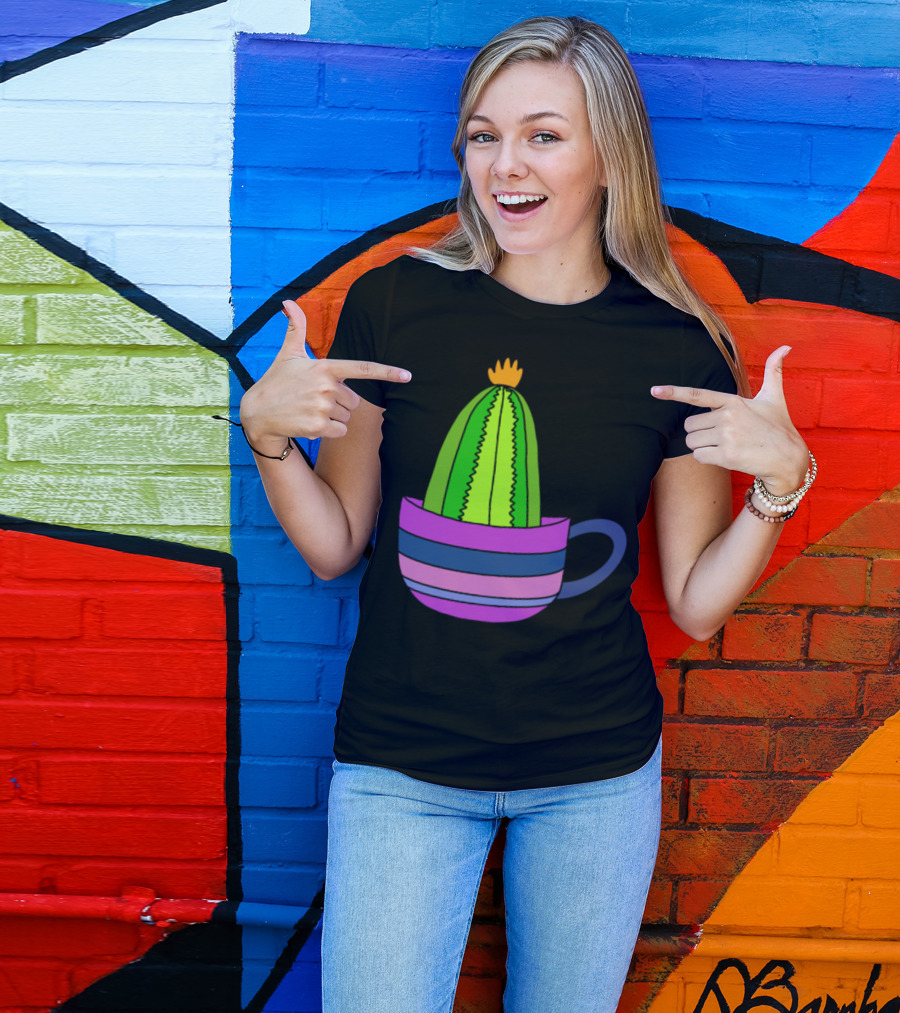 Striped Teacup With Tiny Cactus And Bright Yellow Flower Top T-Shirt