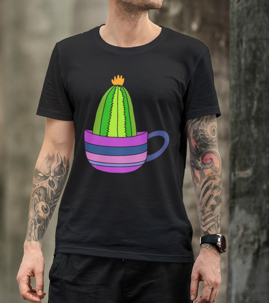 Striped Teacup With Tiny Cactus And Bright Yellow Flower Top T-Shirt