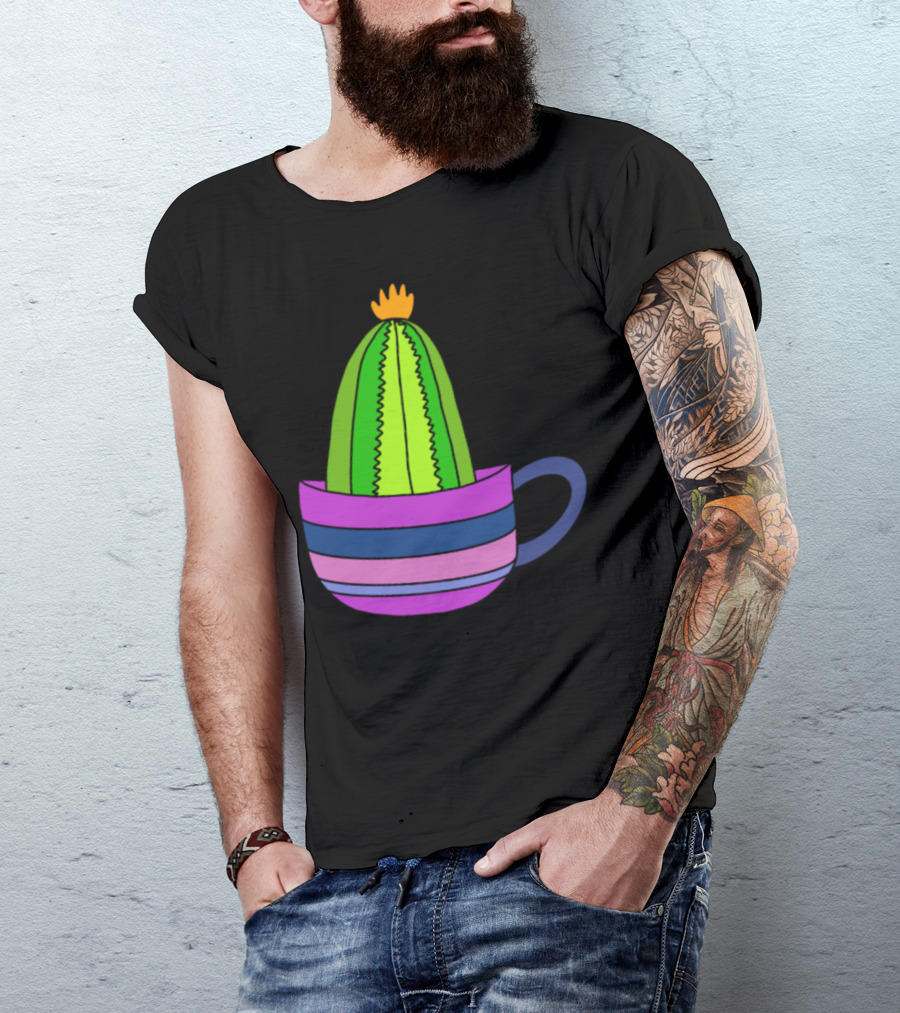 Striped Teacup With Tiny Cactus And Bright Yellow Flower Top T-Shirt
