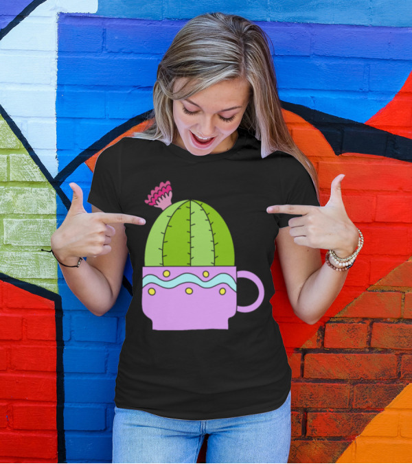 Tiny Teacup Cactus In Pastel Mug With Pink Flower T-Shirt