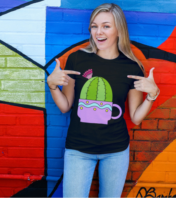 Tiny Teacup Cactus In Pastel Mug With Pink Flower T-Shirt