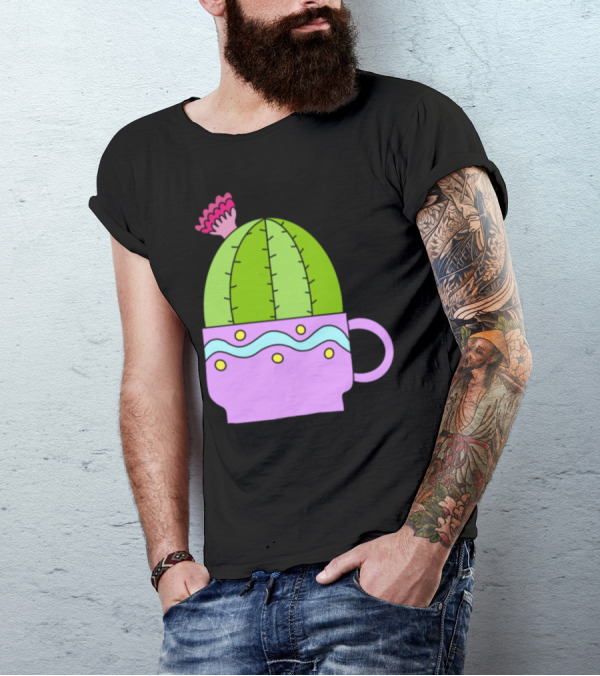 Tiny Teacup Cactus In Pastel Mug With Pink Flower T-Shirt