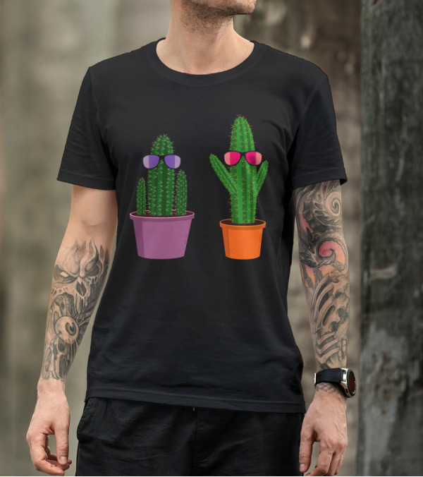 Two Funny Cartoon Cacti Wearing Colorful Sunglasses In Purple And Orange Pots T-Shirt
