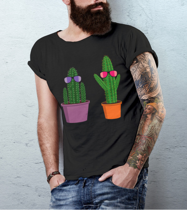 Two Funny Cartoon Cacti Wearing Colorful Sunglasses In Purple And Orange Pots T-Shirt