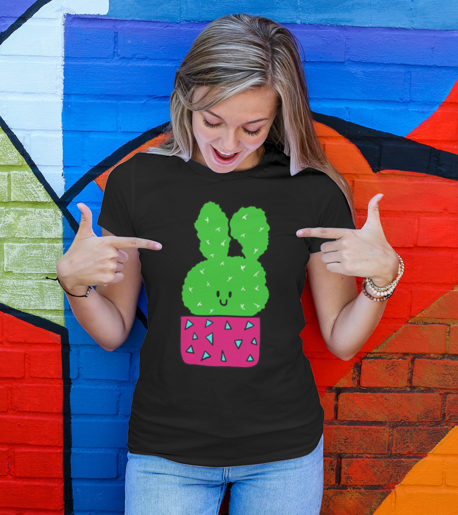 The Smiling Bunny Cactus In Pink Pot With Blue Triangles T-Shirt