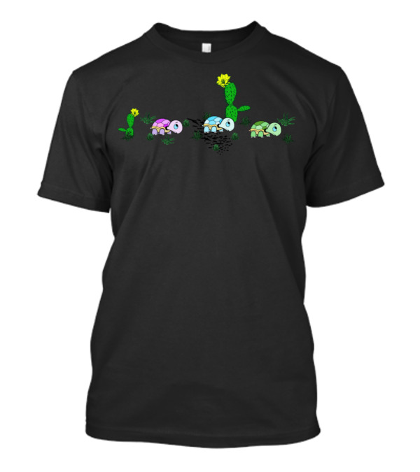 Three Turtles Journey In Desert Cactus Garden T-Shirt
