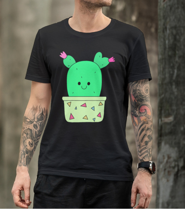 Young Happy Cactus In Colorful Geometric Pot With Smiling Face T-Shirt