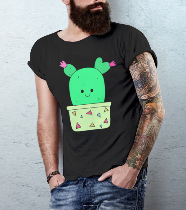Young Happy Cactus In Colorful Geometric Pot With Smiling Face T-Shirt