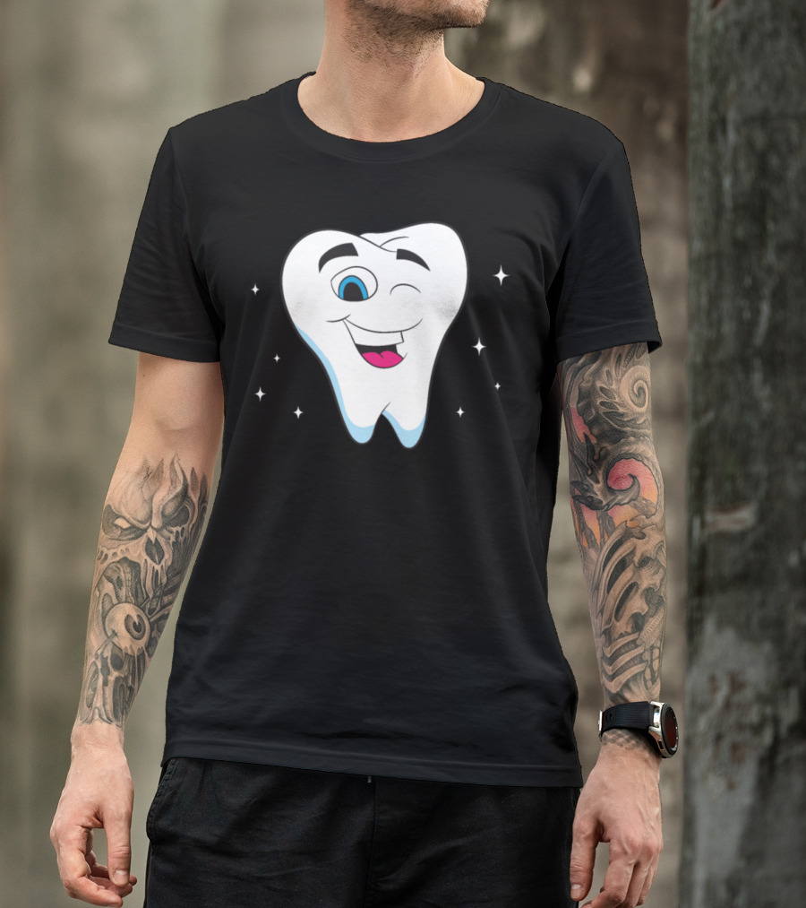 Dentist Bright White Tooth Winking Smiling Cartoon Sparkles T-Shirt