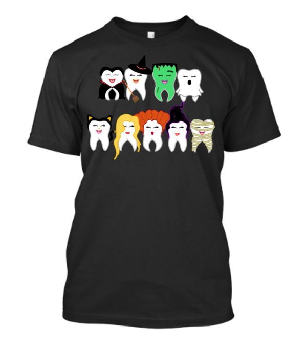 Halloween Dentists Iconic Tooth Characters Dracula Witch Frankenstein Ghost Cat Witch Mummy T-Shirt