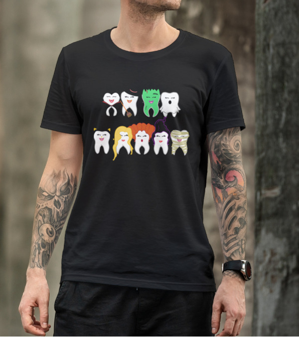 Halloween Dentists Iconic Tooth Characters Dracula Witch Frankenstein Ghost Cat Witch Mummy T-Shirt