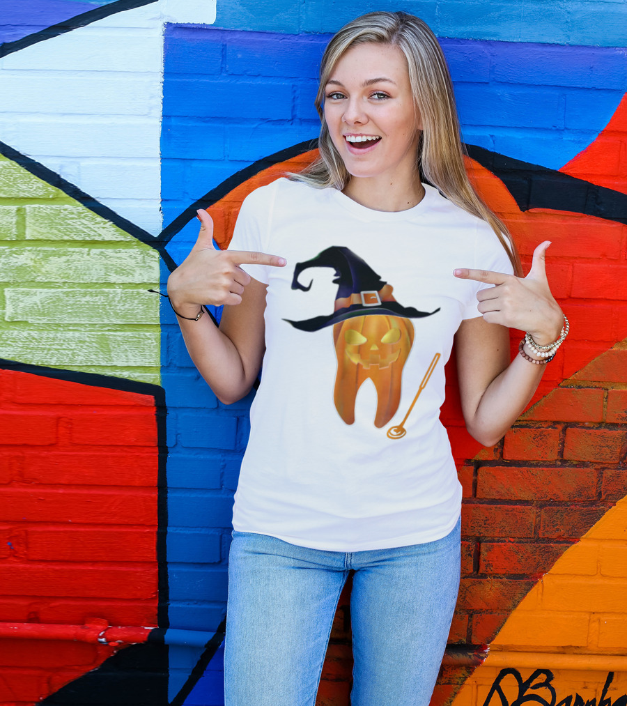 Jack-O'-Lantern Tooth Wearing Witch Hat With Dental Tool T-Shirt