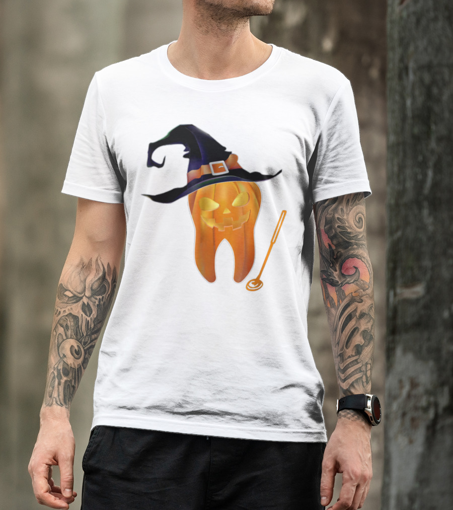 Jack-O'-Lantern Tooth Wearing Witch Hat With Dental Tool T-Shirt