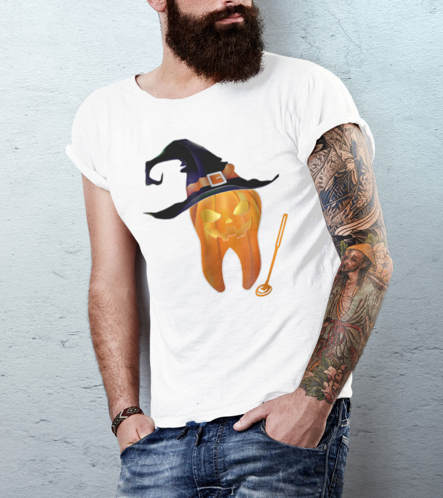 Jack-O'-Lantern Tooth Wearing Witch Hat With Dental Tool T-Shirt