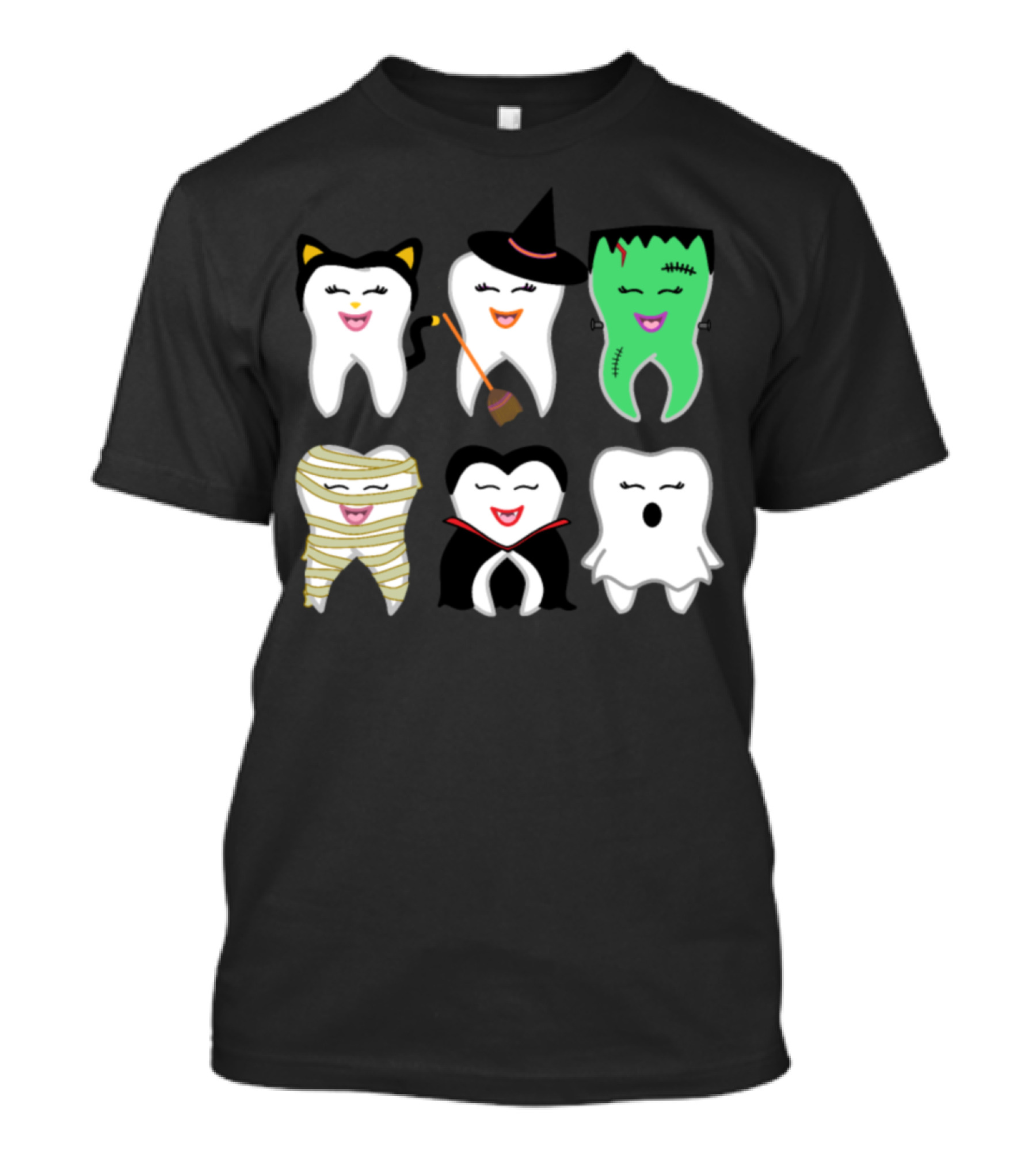 Halloween Tooth Cat Witch Frankenstein Mummy Vampire Ghost T-Shirt