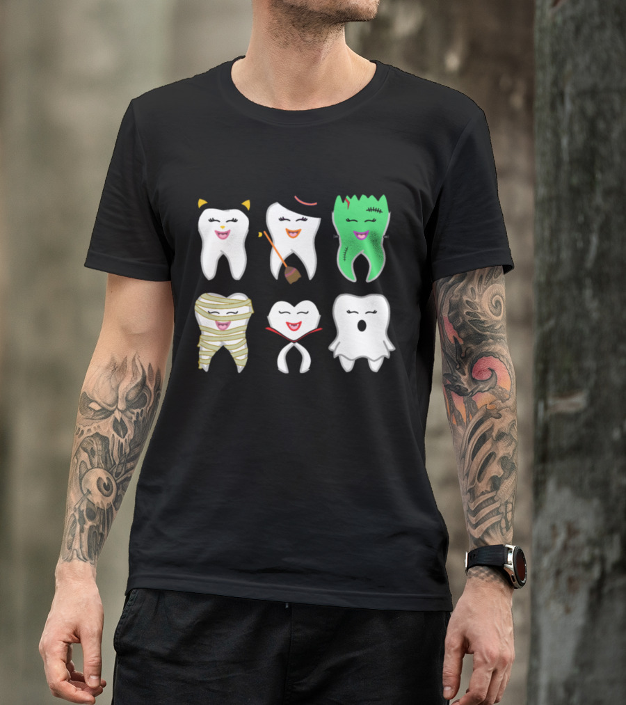 Halloween Tooth Cat Witch Frankenstein Mummy Vampire Ghost T-Shirt