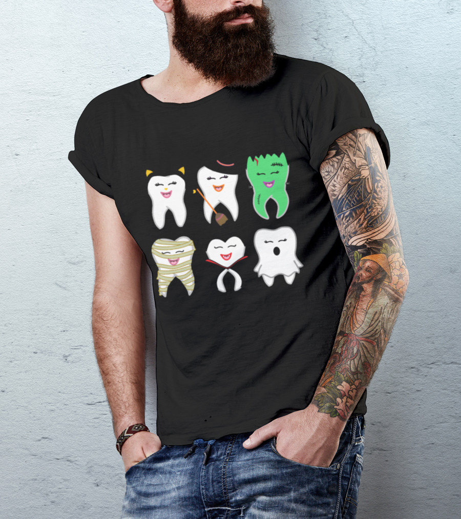 Halloween Tooth Cat Witch Frankenstein Mummy Vampire Ghost T-Shirt