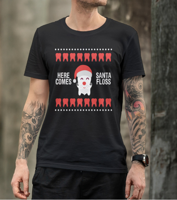 Here Comes Santa Floss Tooth Christmas Santa Hat T-Shirt