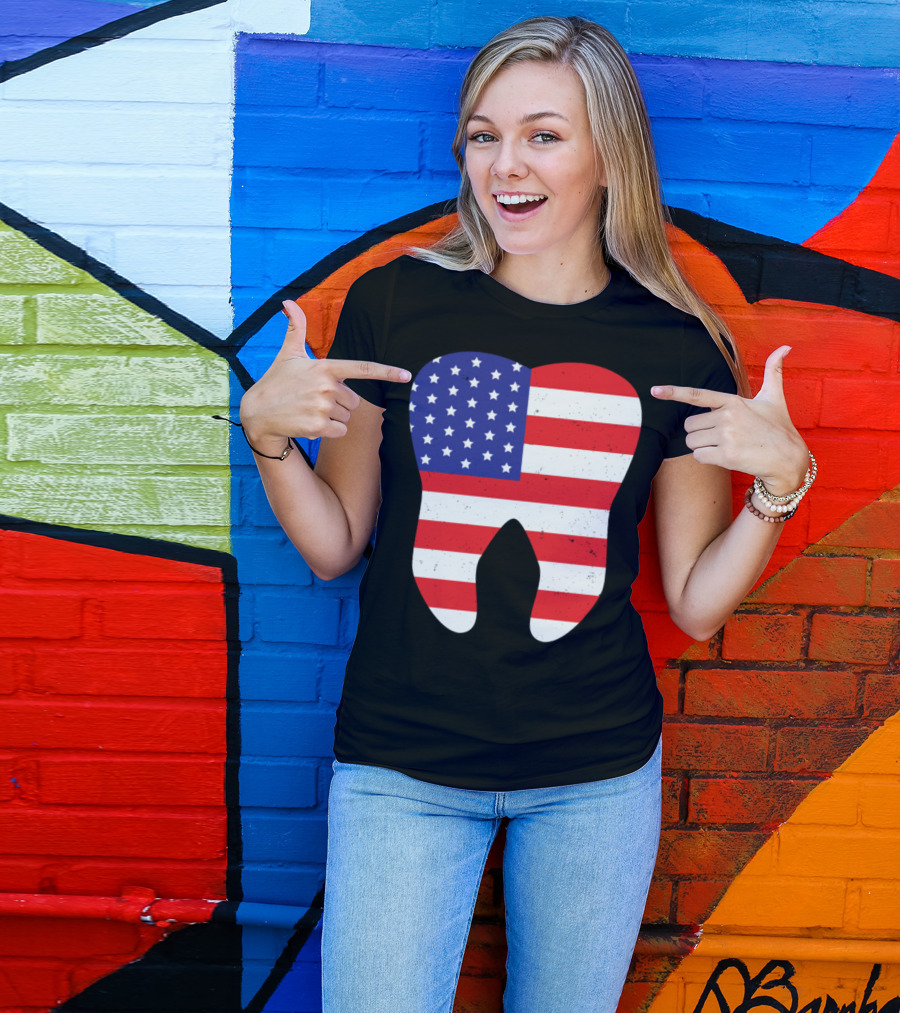 Patriotic USA Flag Tooth Dentist Dental T-Shirt